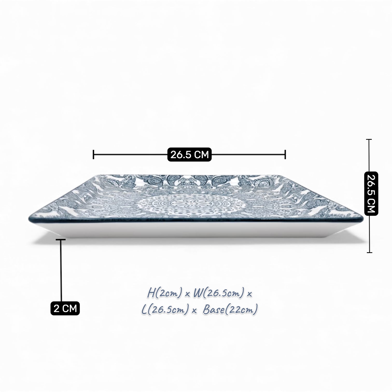 Ceramic Square Plate 26.5 x 26.5 cm | Blue Arabesque Pattern | Premium Glazed Stoneware Serving Plate | Dishwasher & Microwave Safe | Two Designs – Light Blue / Dark Blue