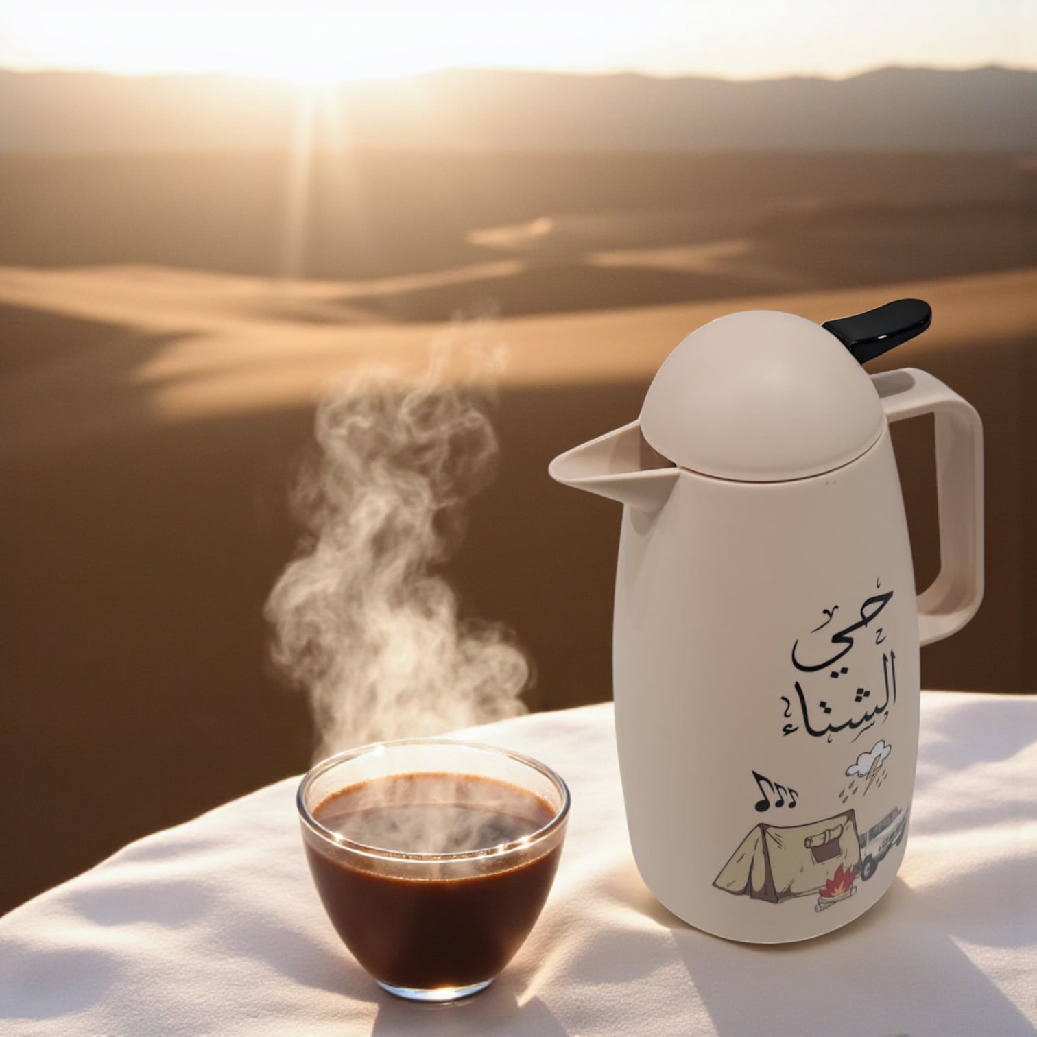 Beige Tea Thermos 1L – Elegant Arabic Calligraphy Design | Insulated Flask for Hot & Cold Beverages | Modern Minimalist Style - Damoo