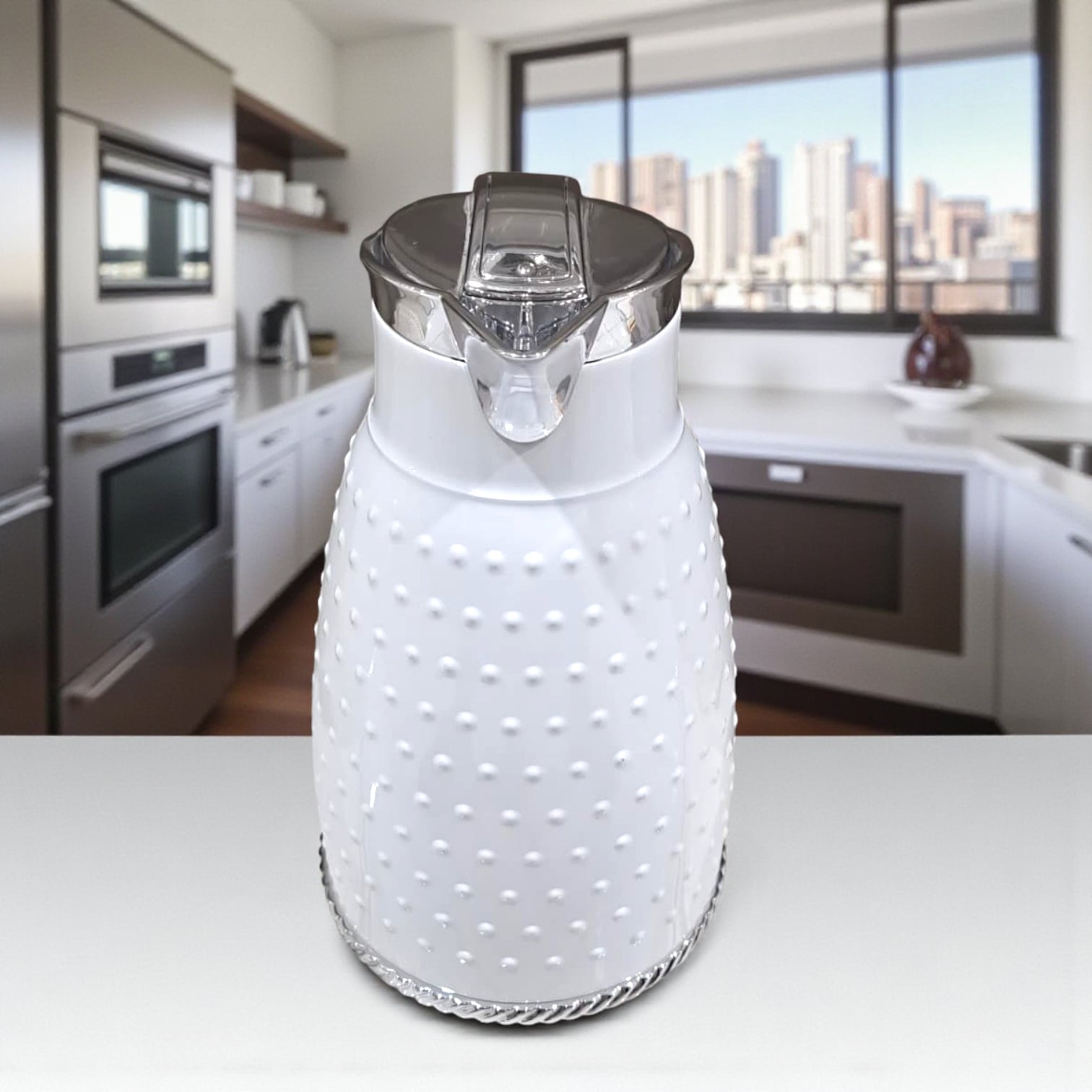 Ansa Premium White Insulated Thermos Flask – Elegant Dotted Design with Chrome or Gold Finish – 1L Vacuum Jug for Hot & Cold Beverages - Damoo