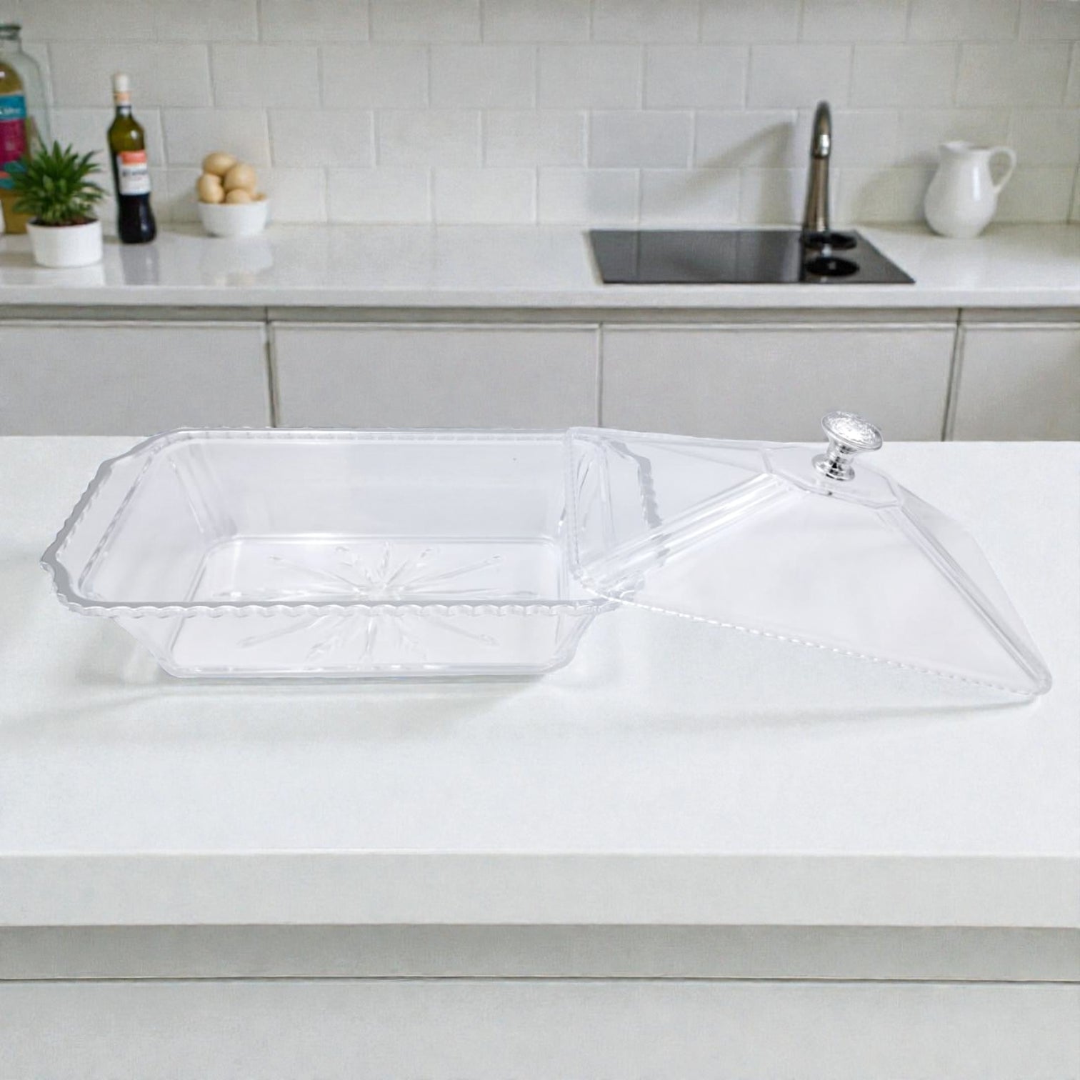 Luxury Acrylic Rectangle Candy Box & Serving Tray with Dome Cover – Crystal-Style Dessert Storage for Sweets, Snacks, Chocolates & Pastries – Silver Clear Lid - Damoo