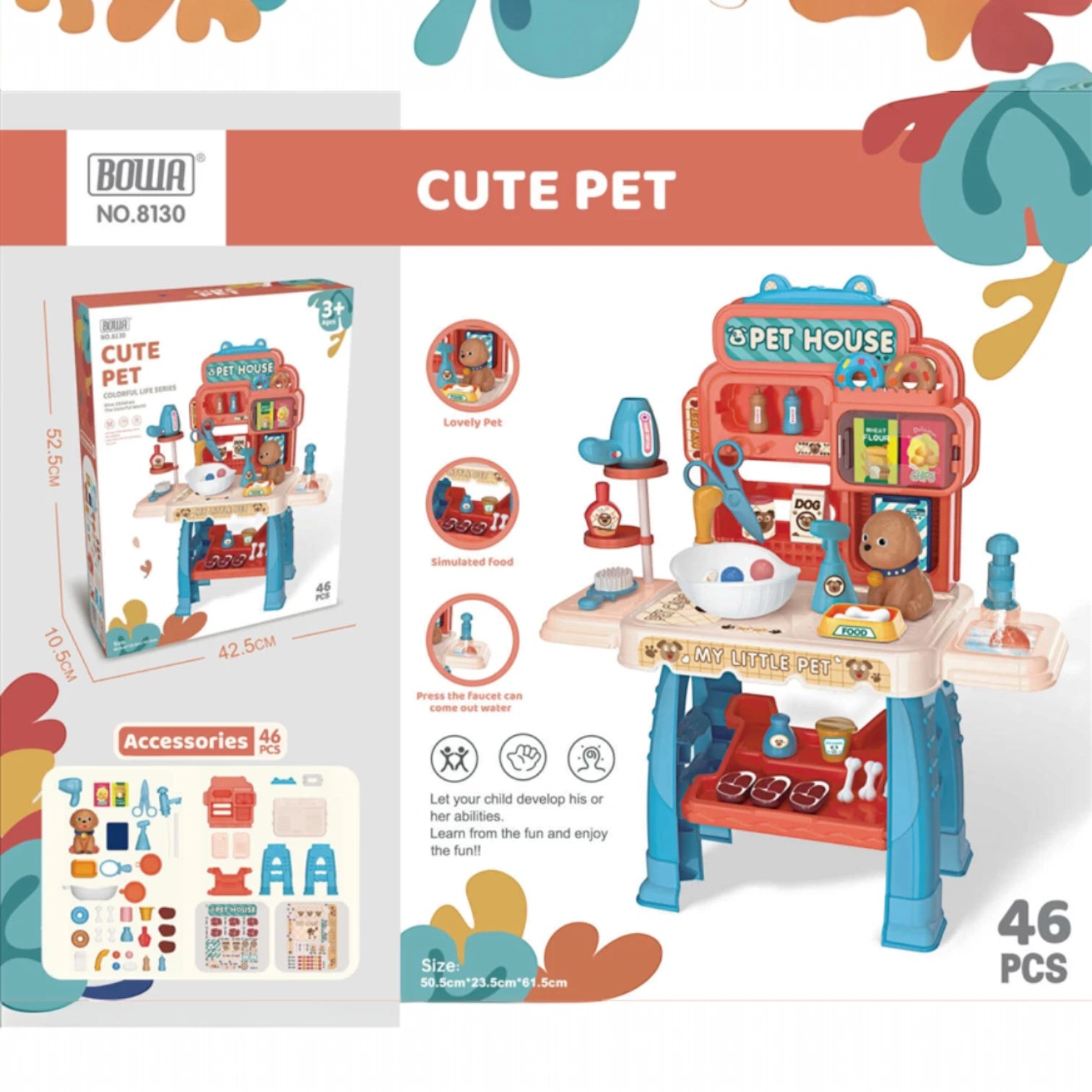 Cute Pet House Play Set 46 Pcs | Pet Care Toy with Food, Accessories & Water Faucet | Pretend Play Animal Care Set for Kids Ages 3+