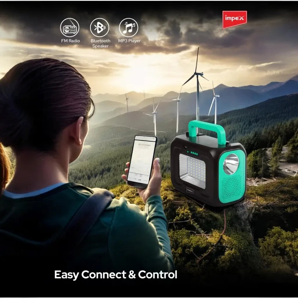 Impex Multifunctional Portable Power Station IP 12001 – 12000mAh Li-Iron Battery with 6V 8W Solar Panel, 5W Torch, FM Radio, Bluetooth Speaker, 3x2W LED Bulbs & Warning Lights – Ideal for Camping, Emergency & Outdoor Use - Damoo