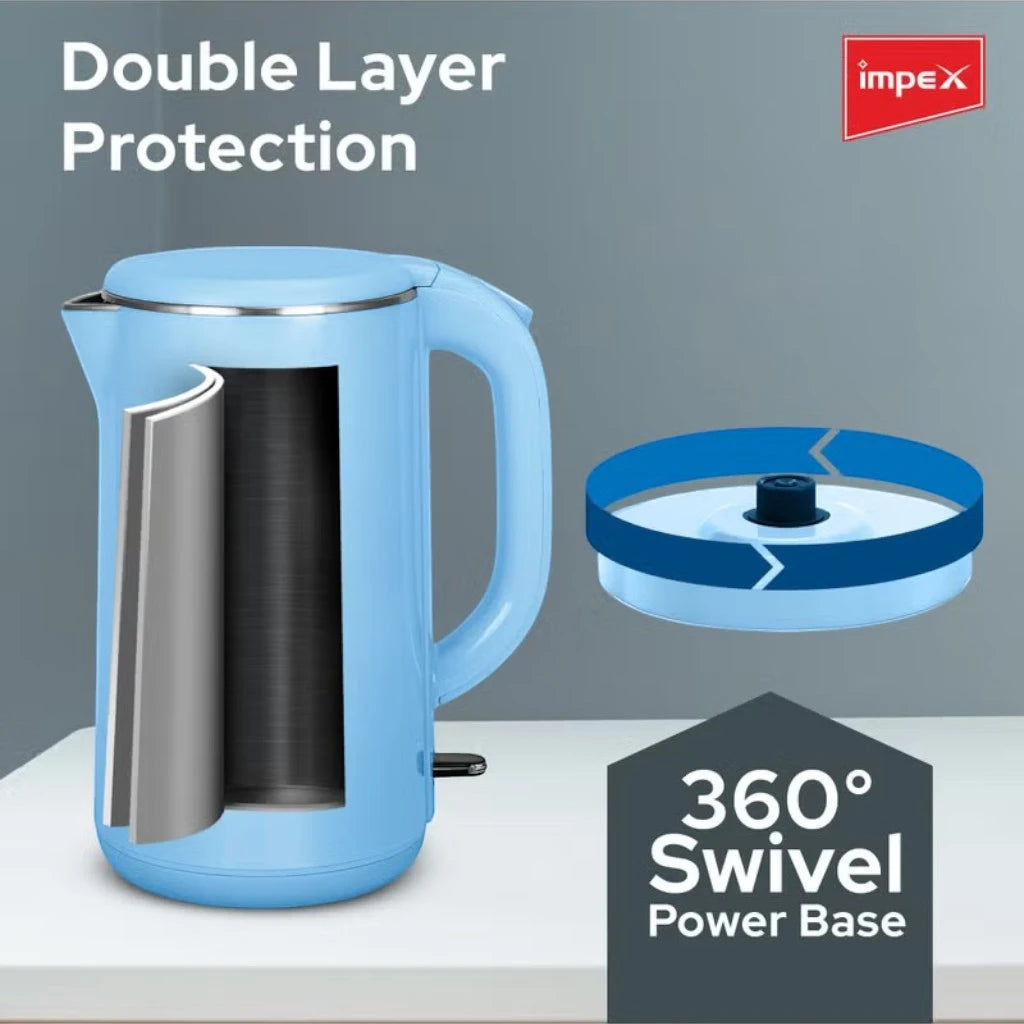 Impex 2.0L Double Layer Electric Kettle (Steamer 2002) – 1500W 304 Stainless Steel Kettle with Seamless Inner Body, FADA Double Controller, 360° Cordless Base, Auto Shut-Off & Indicator Light – Blue - Damoo
