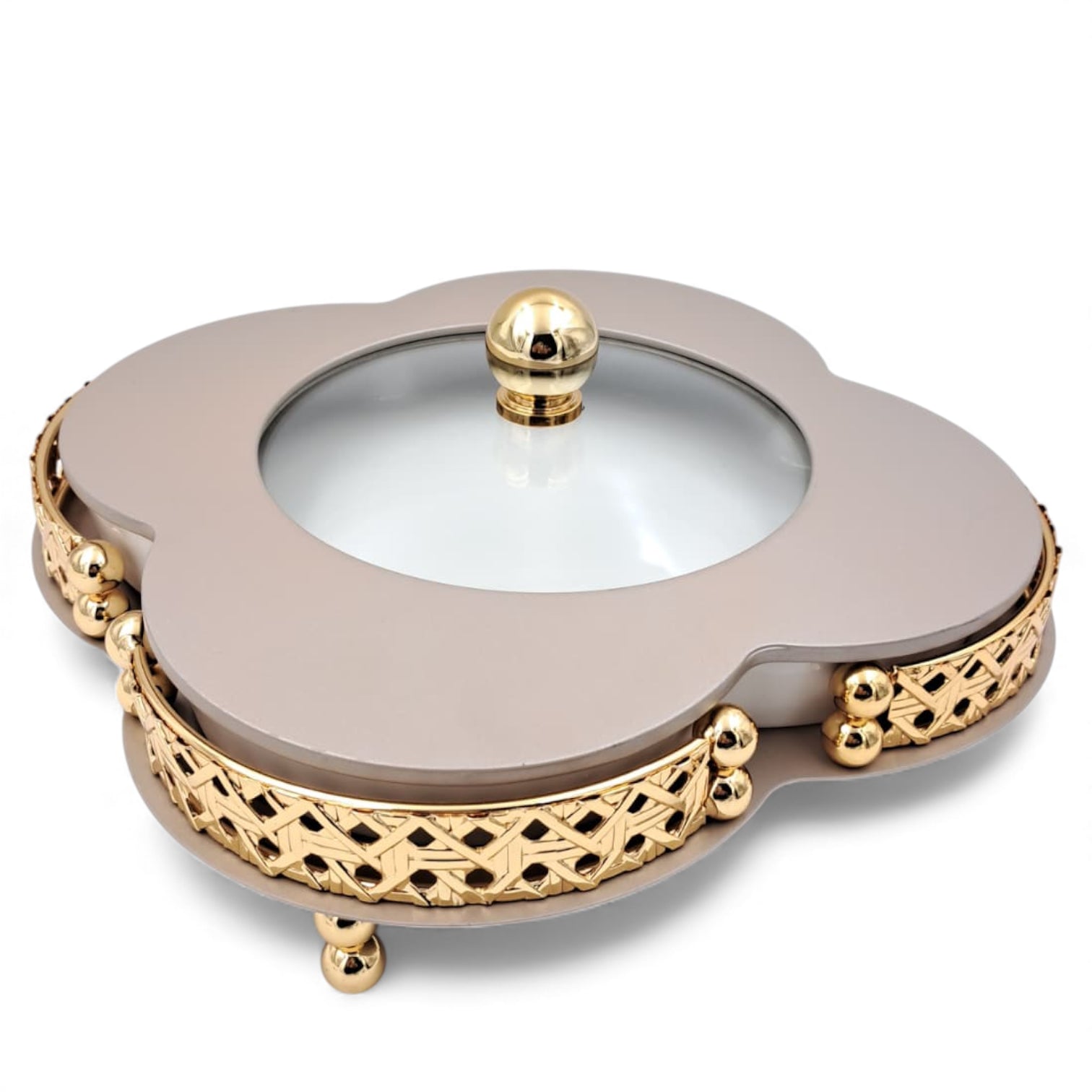 Elegant Ceramic Serving Bowl with Golden Metal Stand and Glass Lid – Luxury Flower-Shaped Dish for Sweets, Snacks & Dry Fruits | Al Habbai Collection - Damoo