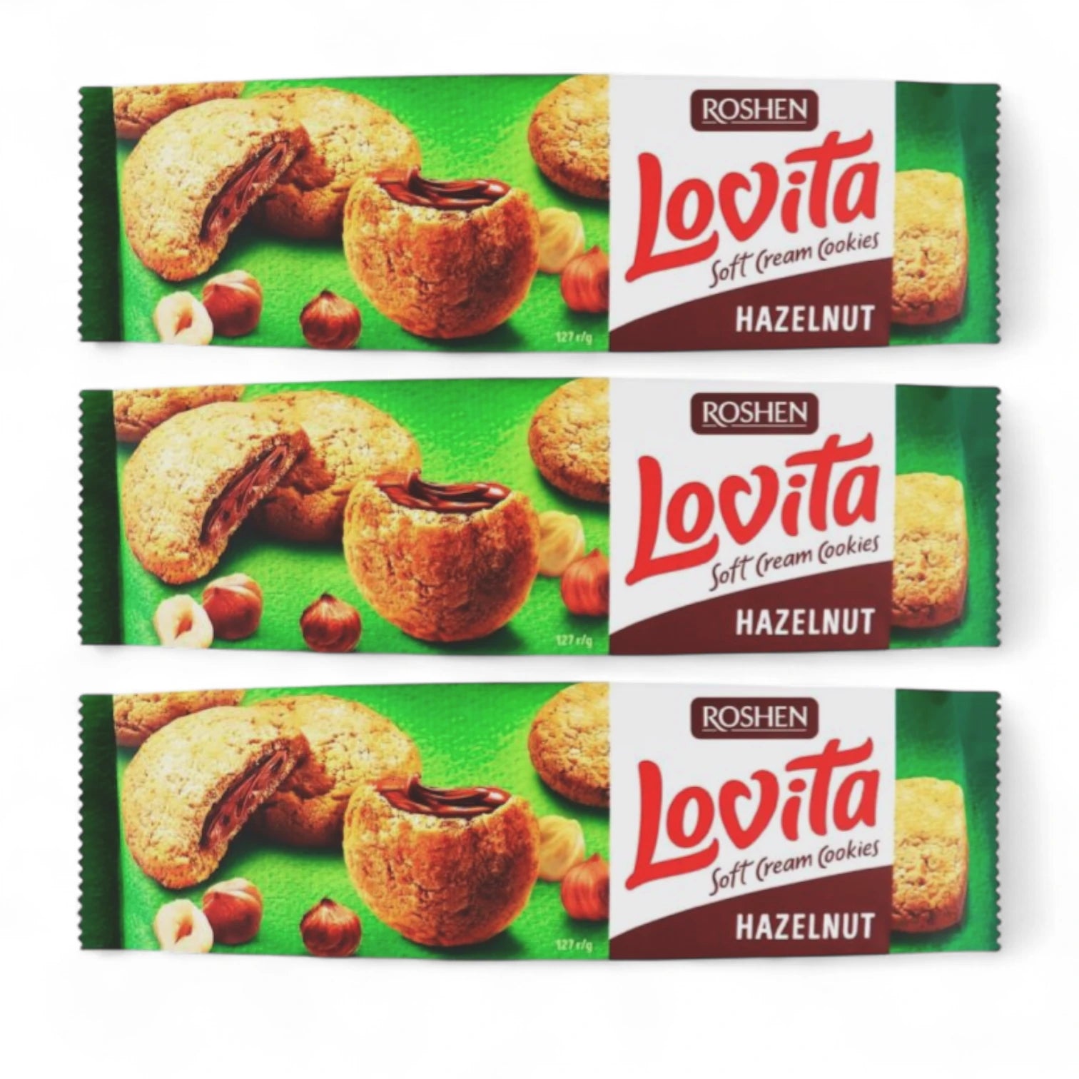 Roshen Lovita Soft Cream Cookies – Hazelnut 3 x 127g Packs | Rich Hazelnut Cream Filling | Halal Certified | No Preservatives or Food Colors | Premium Ukrainian Snack - Damoo