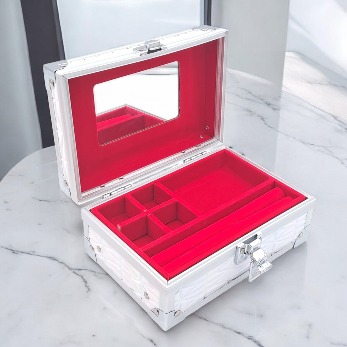 Premium Aluminum Jewelry Storage Box with Mirror & Removable Velvet Organizer – Compact Makeup & Accessories Case (H14cm x W13cm x L18cm) - Damoo
