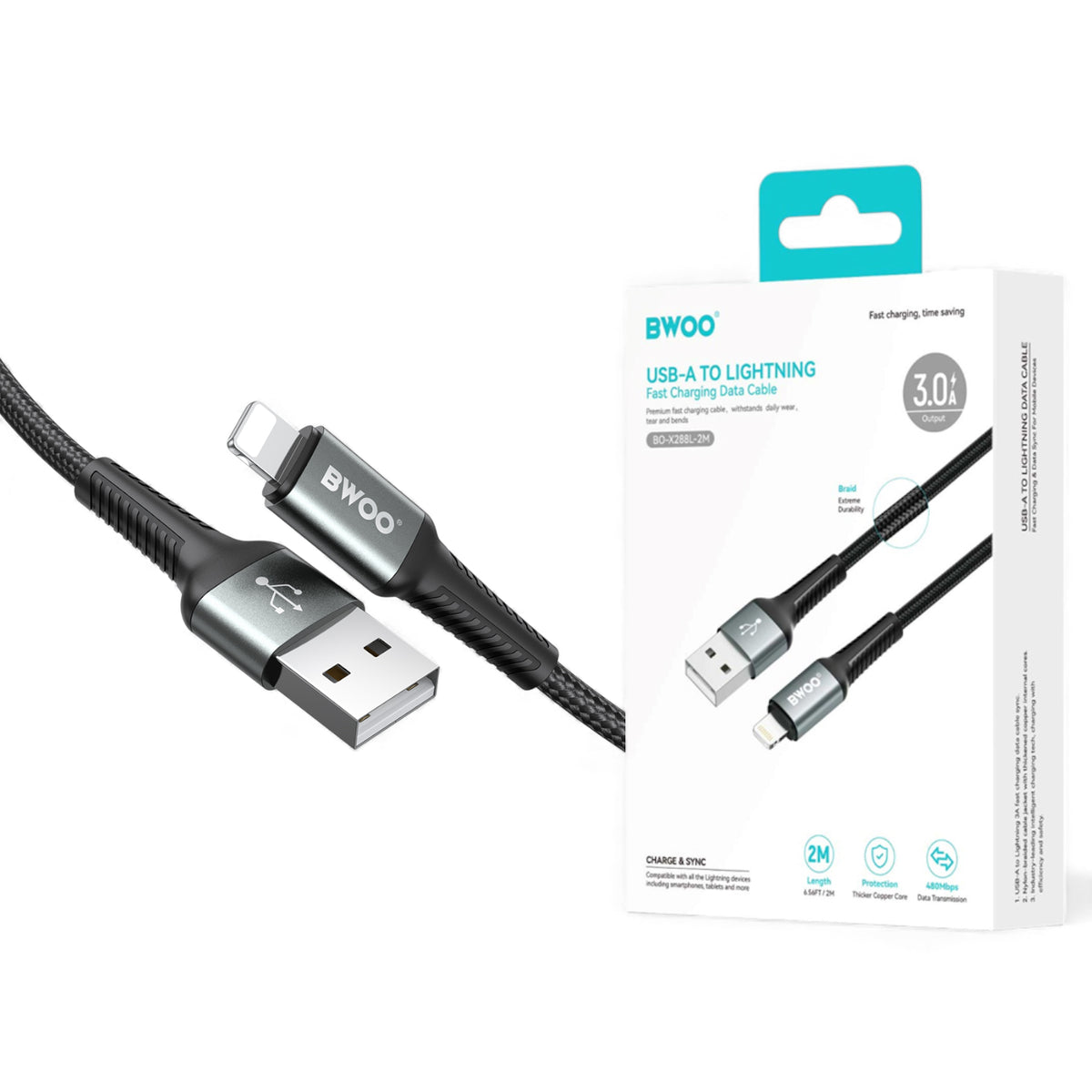 كابل بيانات شحن سريع من BWOO USB-A إلى Lightning بطول 2 متر - مخرج 3.0 أمبير، مضفر من النايلون، مزامنة عالية السرعة 480 ميجابت في الثانية، غلاف متين من الألومنيوم - أسود