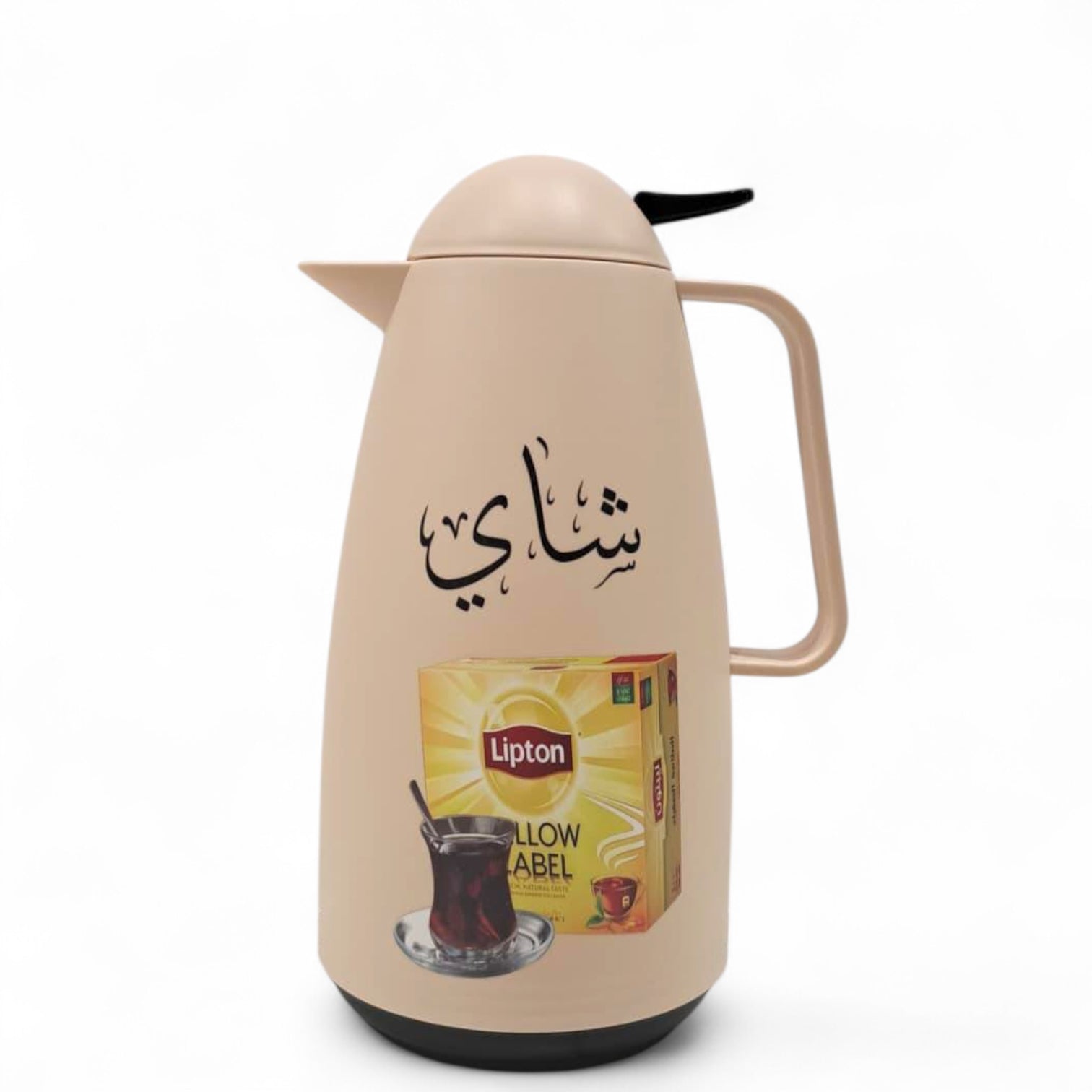 Crystal House Beige Arabic Thermos Flask 1L – Lipton Yellow Label Design | Double-Wall Insulated Tea - Damoo