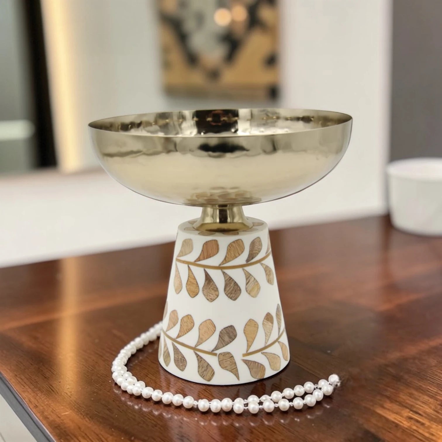 Hammered Metal Pedestal Serving Bowl with Decorative Inlay Base – Elegant Elevated Fruit & Dessert Bowl for Table Centerpiece (20H x 20L x 20W CM)