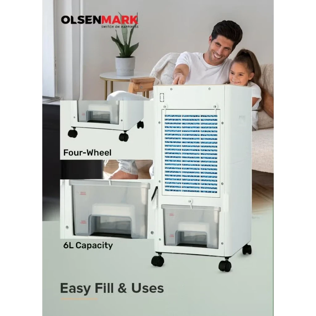 Olsenmark 3-in-1 Portable Air Cooler – Air Purifier, Humidifier & Cooling Fan | 6L Water Tank, Ice Packs, Adjustable Speed, Quiet Operation, Heater Function, 65W - OMAC1783 – White - Damoo