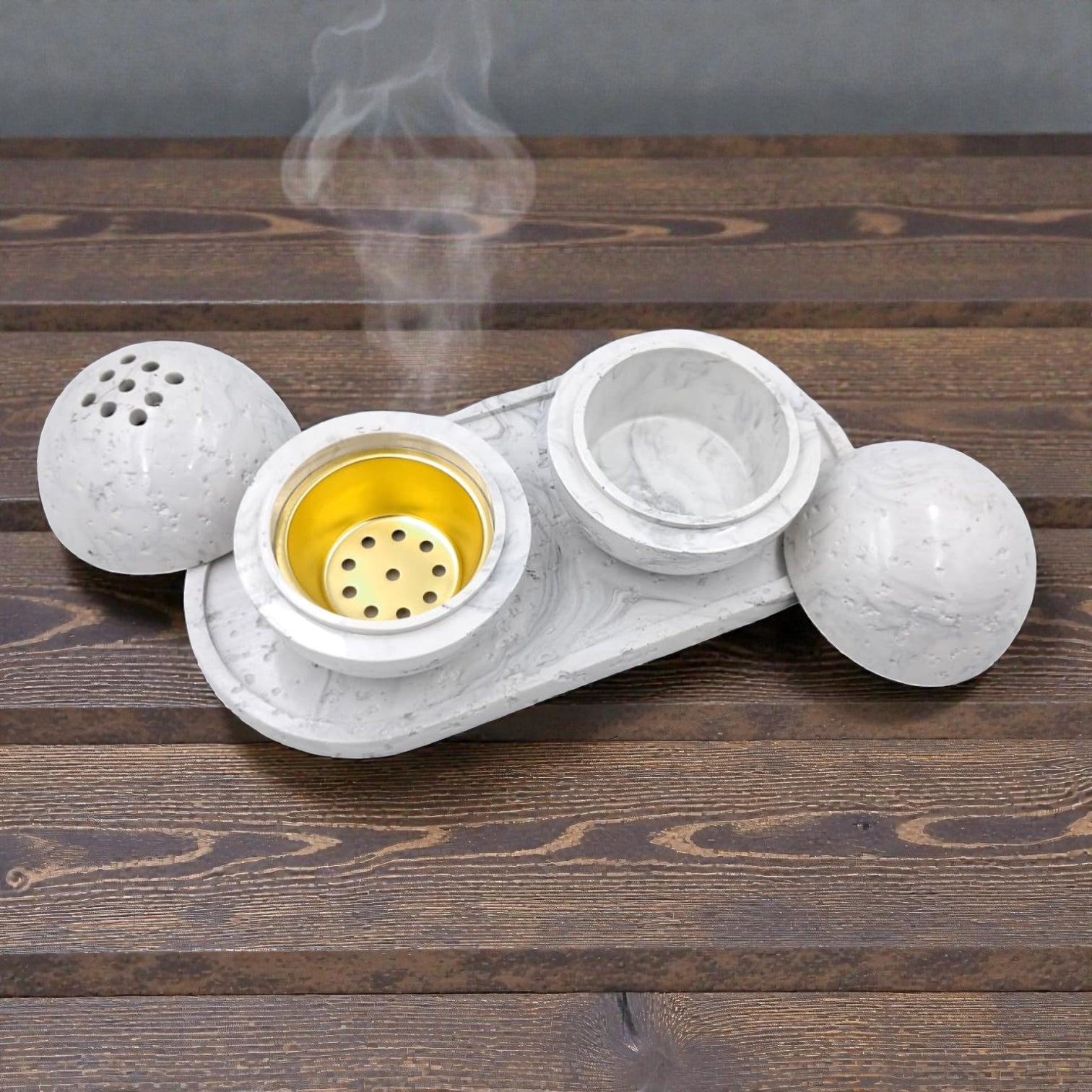 Modern Marble-Style Incense Burner Set with Tray & Storage Box – White Decorative Bakhoor Burner for Home, Majlis & Prayer Space (Burner: 9.5H x 10L × 10W CM) - Damoo