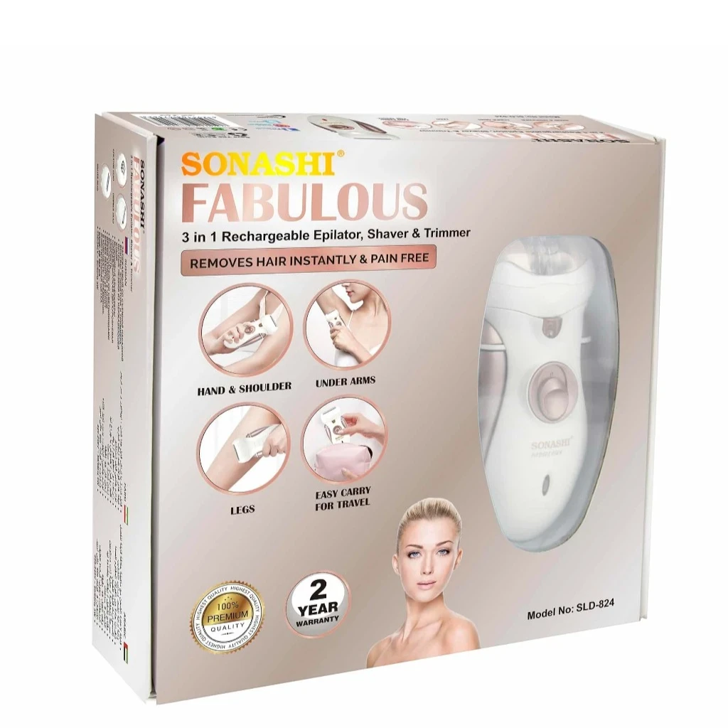 Sonashi Epilator & Trimmer for Women – SLD-824 | 3 Attachments, Washable Head, Stainless Steel Blades, LED Light, 45 Min Usage Time - Damoo