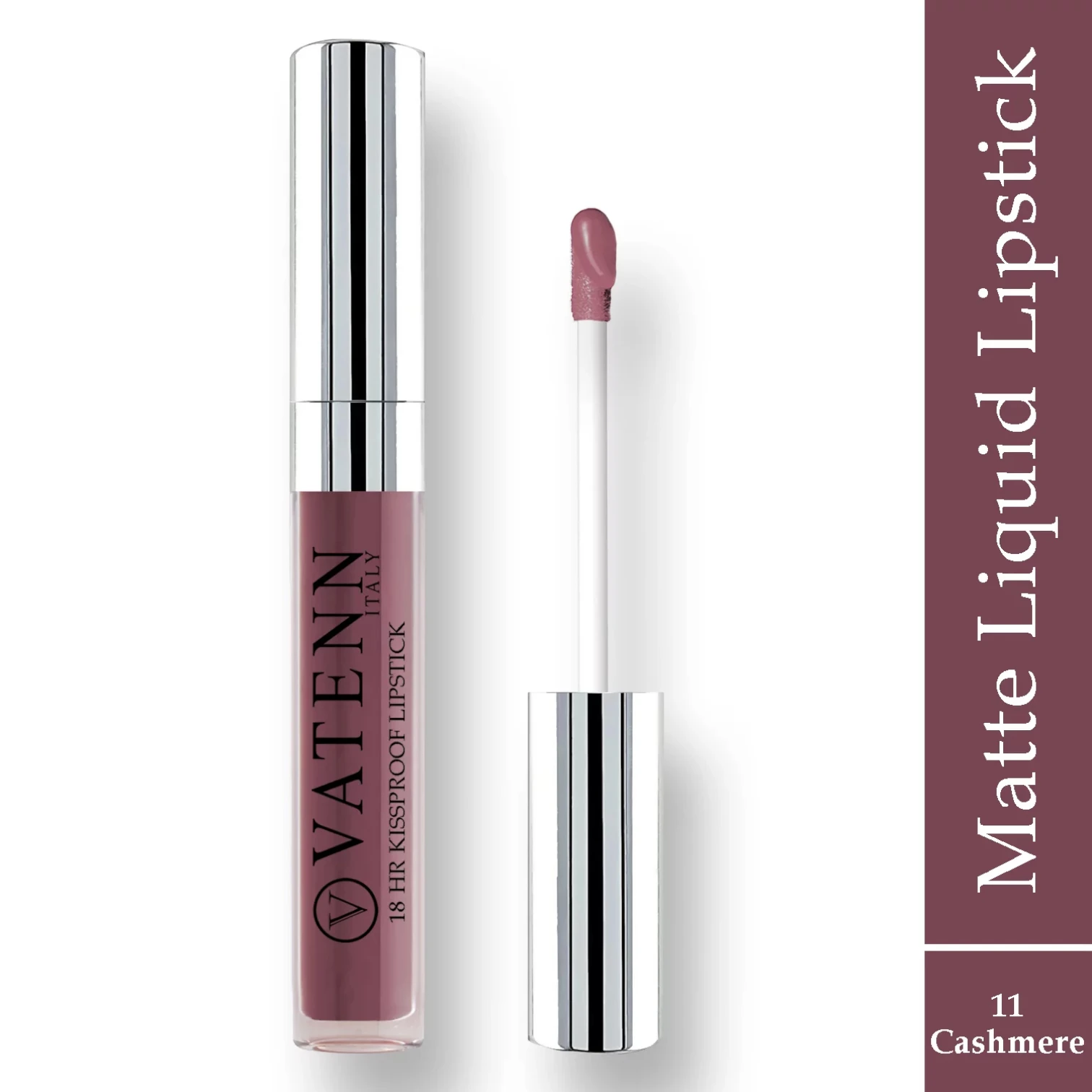 Vatenn Italy 18Hrs Kissproof Liquid Lipstick – Shade 11 Cashmere. Waterproof, transfer-proof nude matte lip color with honey nectar hydration, bold pigmentation & 18hr wear. - Damoo