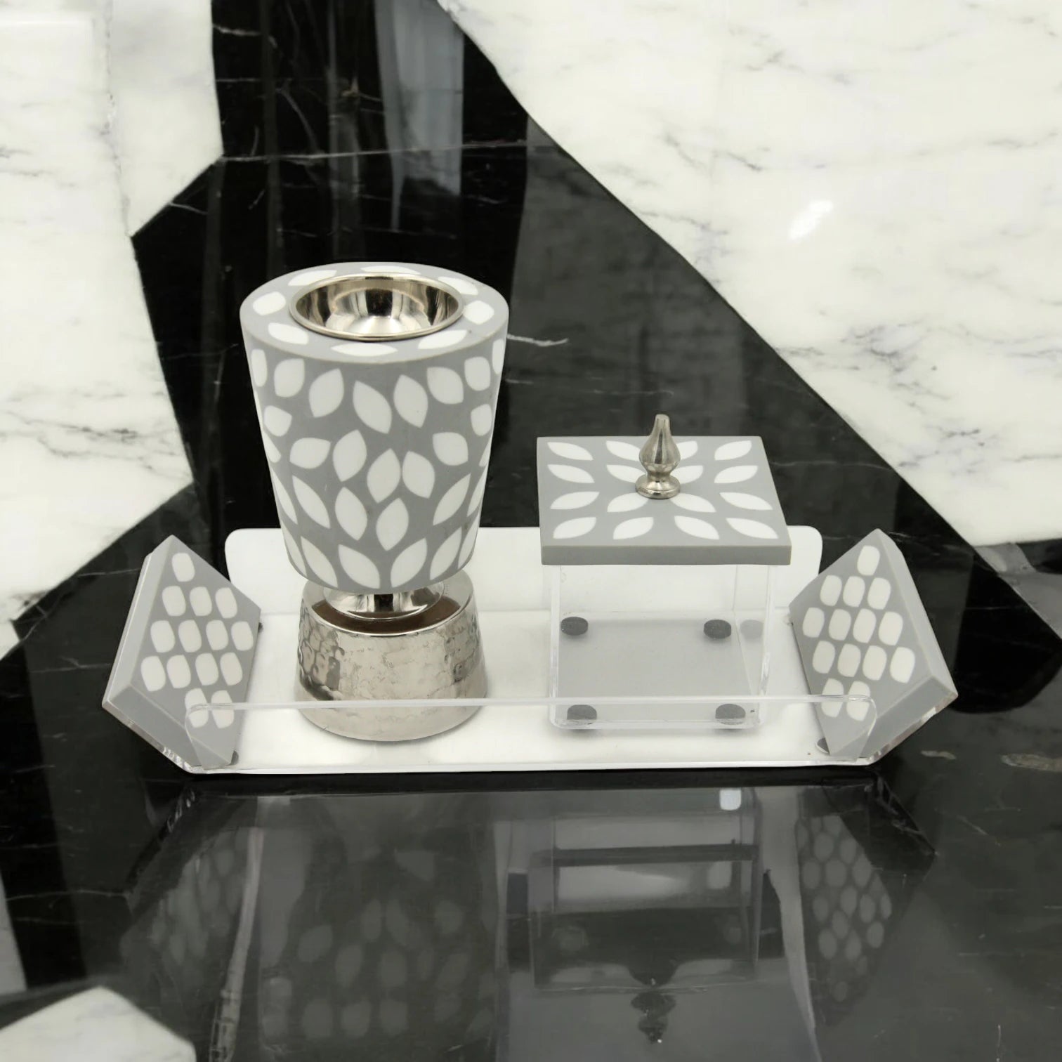 3-Piece Acrylic Home Décor Set – Decorative Tray with Unique Handles, Incense Burner (Madkhan) & Square Storage Box for Oud & Bakhoor - Damoo