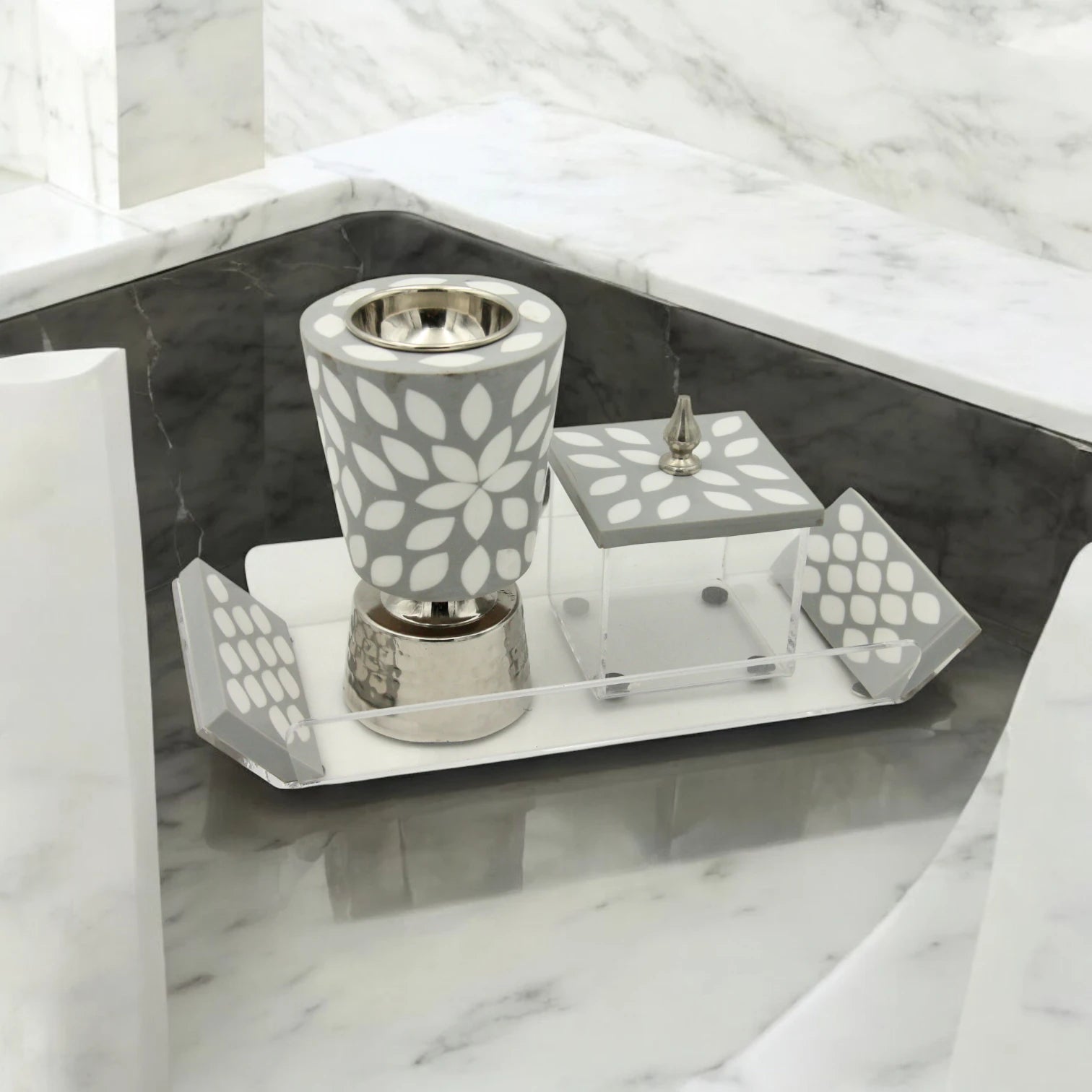 3-Piece Acrylic Home Décor Set – Decorative Tray with Unique Handles, Incense Burner (Madkhan) & Square Storage Box for Oud & Bakhoor - Damoo