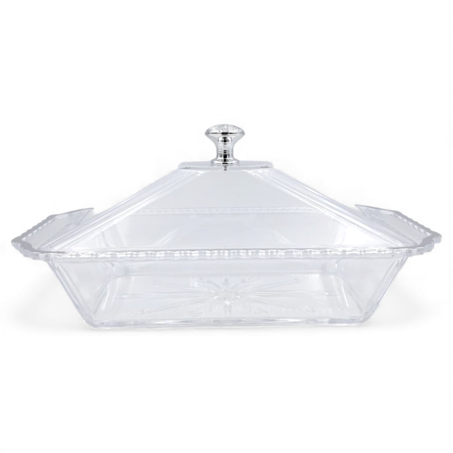 Luxury Acrylic Rectangle Candy Box & Serving Tray with Dome Cover – Crystal-Style Dessert Storage for Sweets, Snacks, Chocolates & Pastries – Silver Clear Lid - Damoo