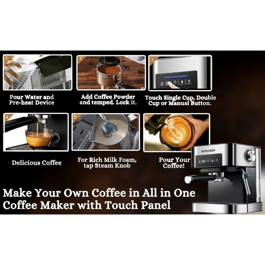 Sonashi All-in-One Coffee Machine – 850W Espresso Maker with Touch Control Panel, 15 Bar Pressure, 1L Removable Water Tank, Steam Nozzle & Overheat Protection – Countertop Coffee Maker for Home & Office - SCM-4964 - Damoo