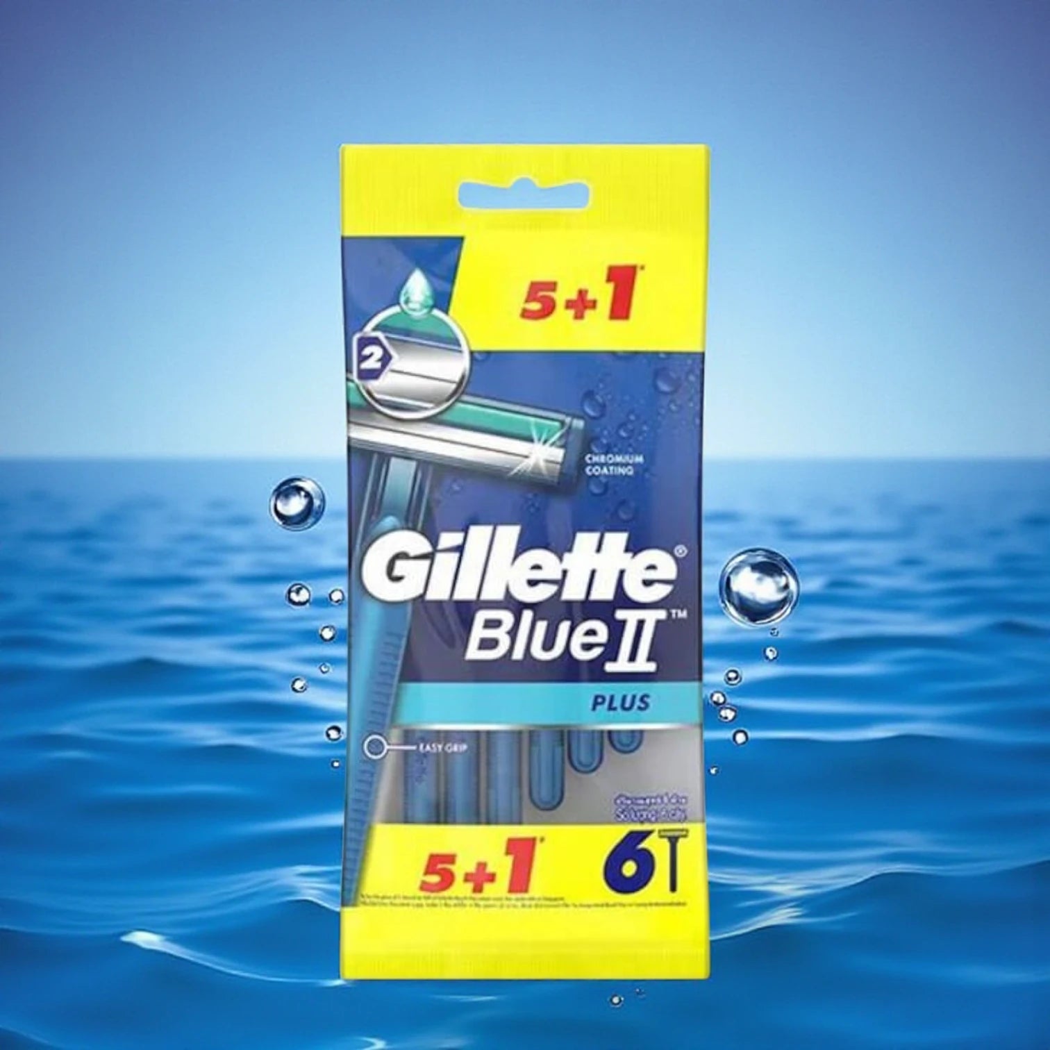 Gillette BlueII Plus Men’s Disposable Razors – 2 Chrome Coated Blades, Fixed Head, Lubricating Band – Pack of 6 (5+1 Free)