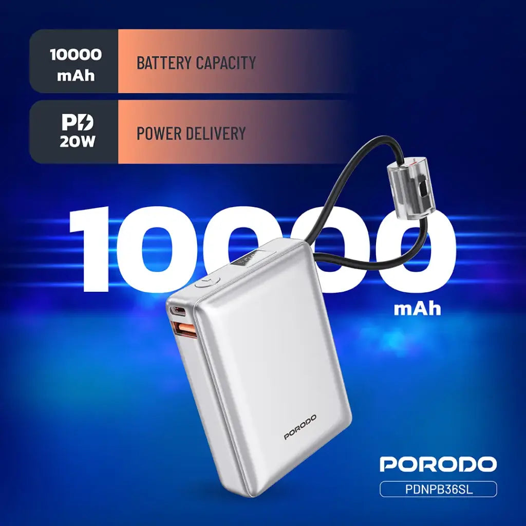 PORODO PETITE 10000mAh Power Bank – PD 20W Portable Charger with Integrated Type-C and Lightning Cables, Silver/Gray