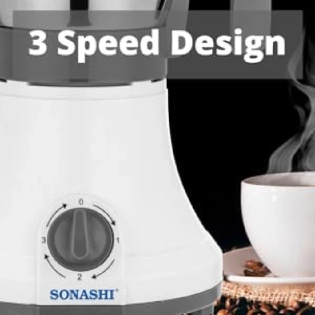 Sonashi Coffee/Spice Grinder – 0.8L, Detachable Stainless Steel Jar, 3-Speed Mixer Grinder, Overheat Protection, 350W Electric Coffee Bean Grinder, Ideal for Spices, Nuts & Dried Fruits – White/Silver/Grey - SCG-4006 - Damoo