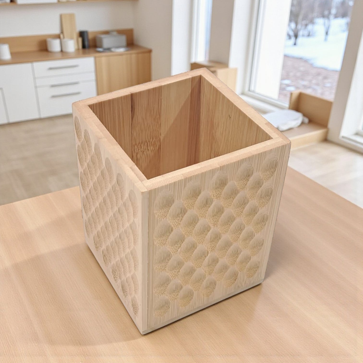 Natural Bamboo Storage Box – 10x10x12.5cm Multi-Purpose Organizer with Carved Pattern | Eco-Friendly Wooden Container for Desk, Bathroom & Kitchen - Damoo