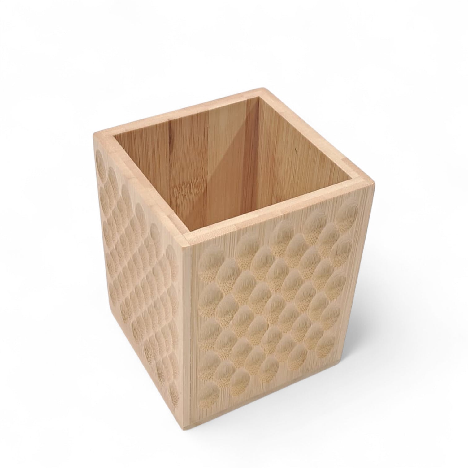 Natural Bamboo Storage Box – 10x10x12.5cm Multi-Purpose Organizer with Carved Pattern | Eco-Friendly Wooden Container for Desk, Bathroom & Kitchen - Damoo