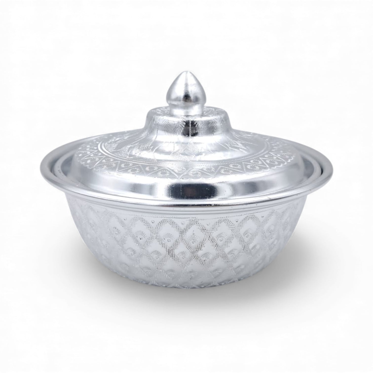 Premium Embossed Aluminum Serving Bowl with Lid – 15cm & 17cm Traditional Hot Food Storage & Tableware – Heat-Resistant Middle Eastern Design for Rice, Curry, Soup, Dates & Sweets – Lightweight & Durable