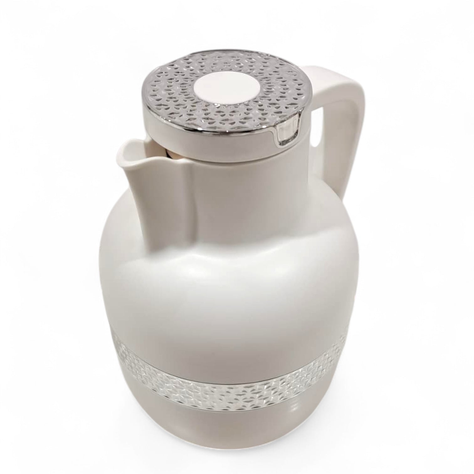 Ansa Original White Vacuum Flask 1L – Luxury Gold & Silver Band Thermos | Premium Insulated Glass Liner | 12H Heat Retention | Arabic Coffee & Tea Pot - Damoo