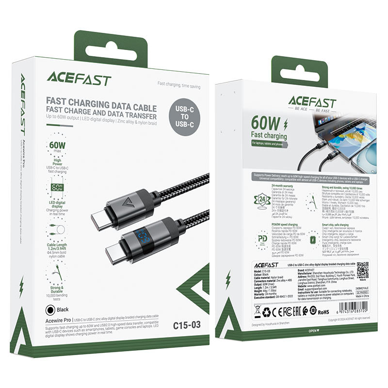 ACEFAST Acewire Pro C11-03 USB-C to USB-C Magnetic Charging Cable – 1.2m Black Nylon Braid, 60W Fast Charging, USB 2.0 Data Transfer