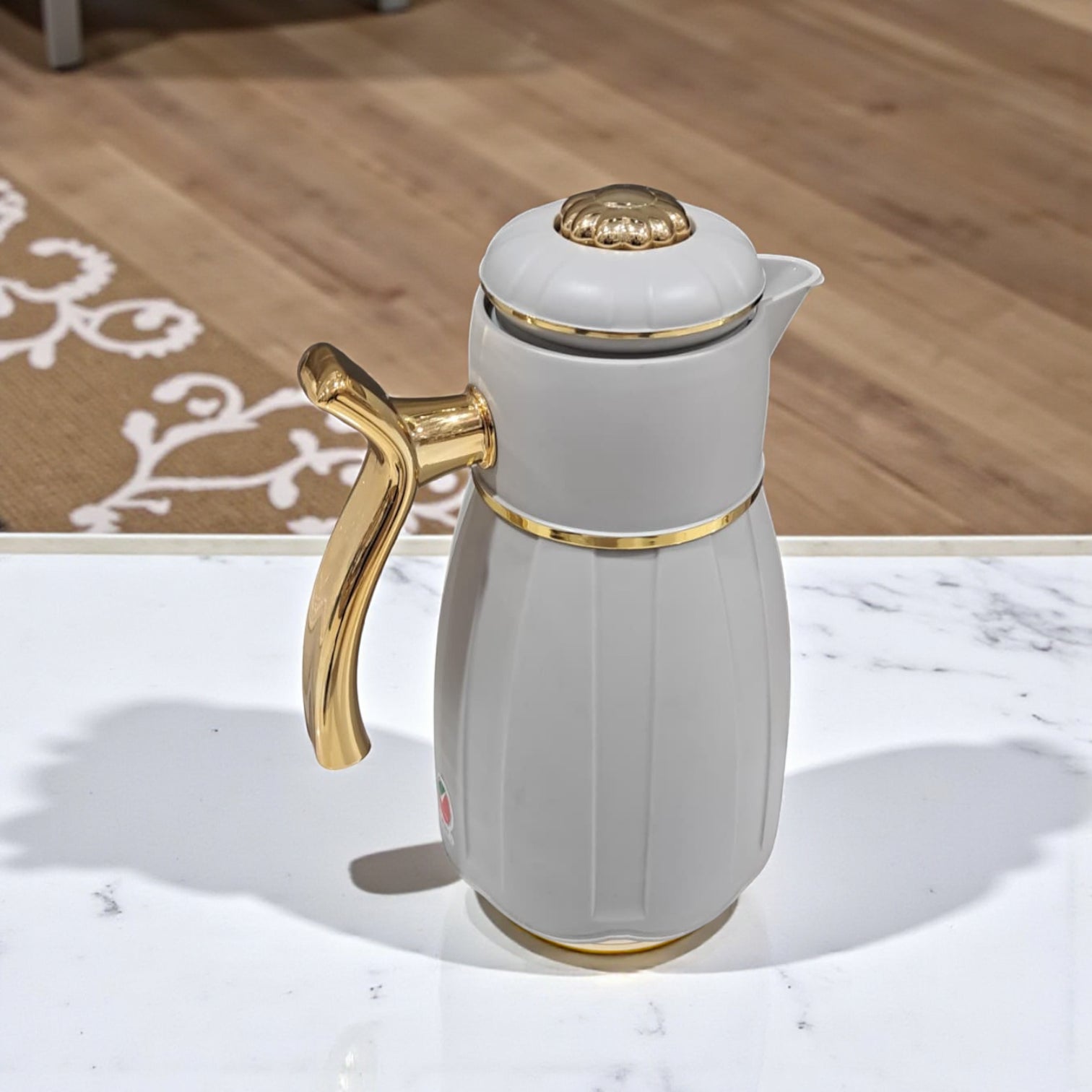 GERMAX Arabic Vacuum Flask 1.0L – light gray flask Golden Lid | Premium PP Plastic Thermo Coffee & Tea Pot | Keeps Drinks Hot for 12 Hours & Cold for 24 Hours - Damoo