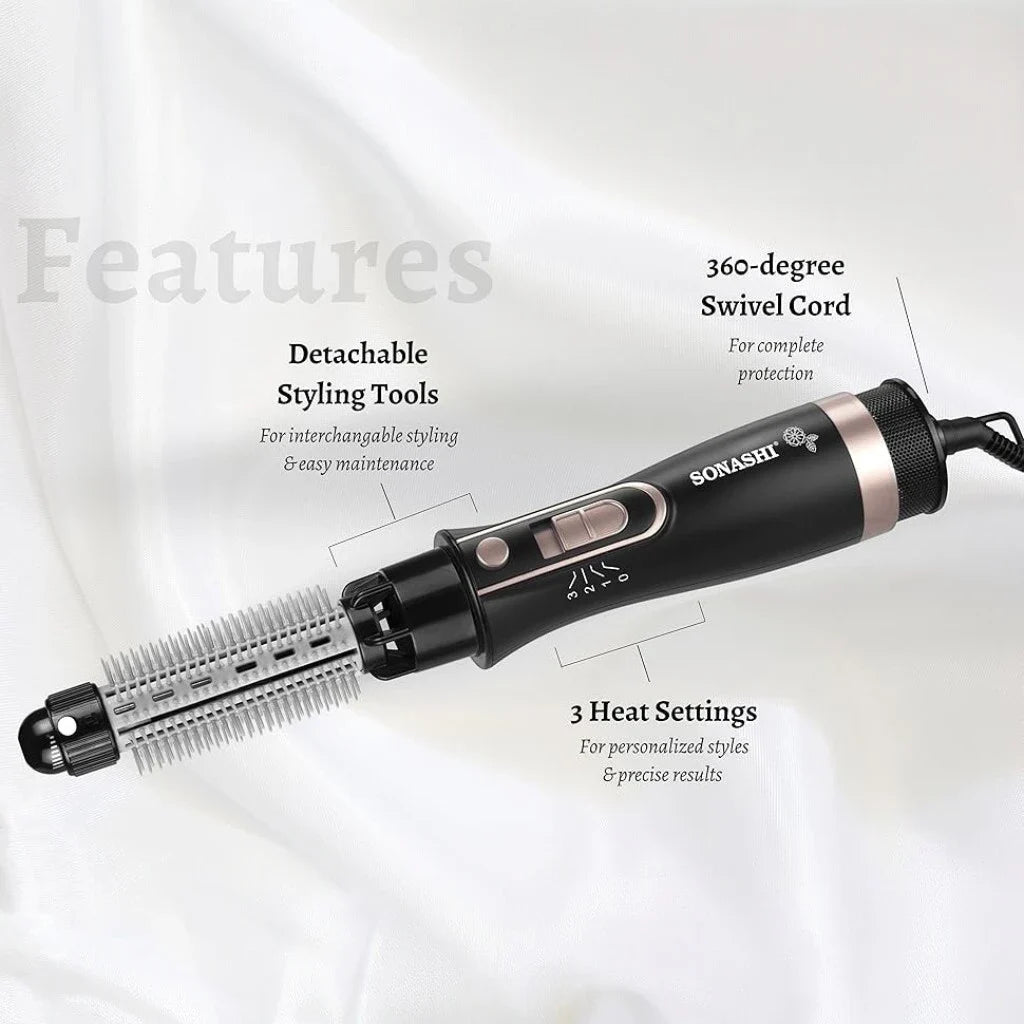 Sonashi 9-in-1 Hair Styler – 800W, 3 Speed Temperature Settings, 8 Detachable Heads, Quick Heat Up, Tangle-Free Cord – All-in-One Hair Tool for Curling, Straightening, Volumizing, Metal Finish, Black - SHS-2091 - Damoo