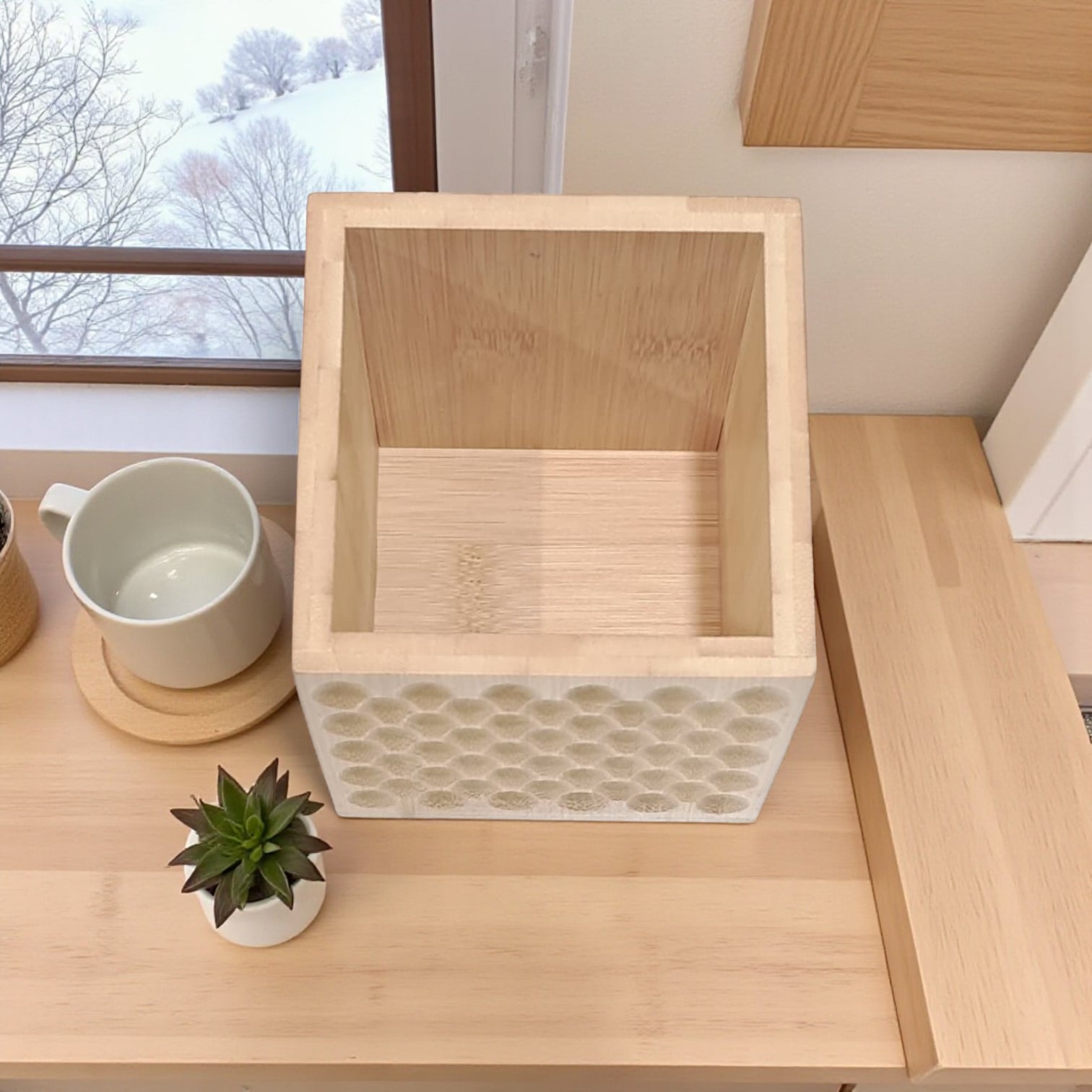Natural Bamboo Storage Box – 10x10x12.5cm Multi-Purpose Organizer with Carved Pattern | Eco-Friendly Wooden Container for Desk, Bathroom & Kitchen - Damoo