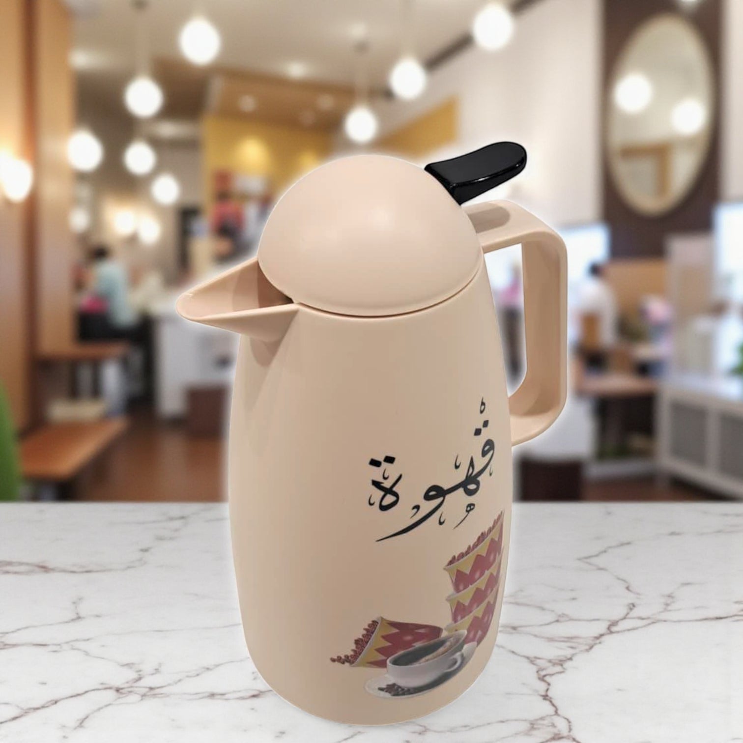 Crystal House Beige Thermos Flask – Arabic Coffee Design | Double-Wall Insulated Dallah Style Flask for Hot & Cold Drinks - Damoo