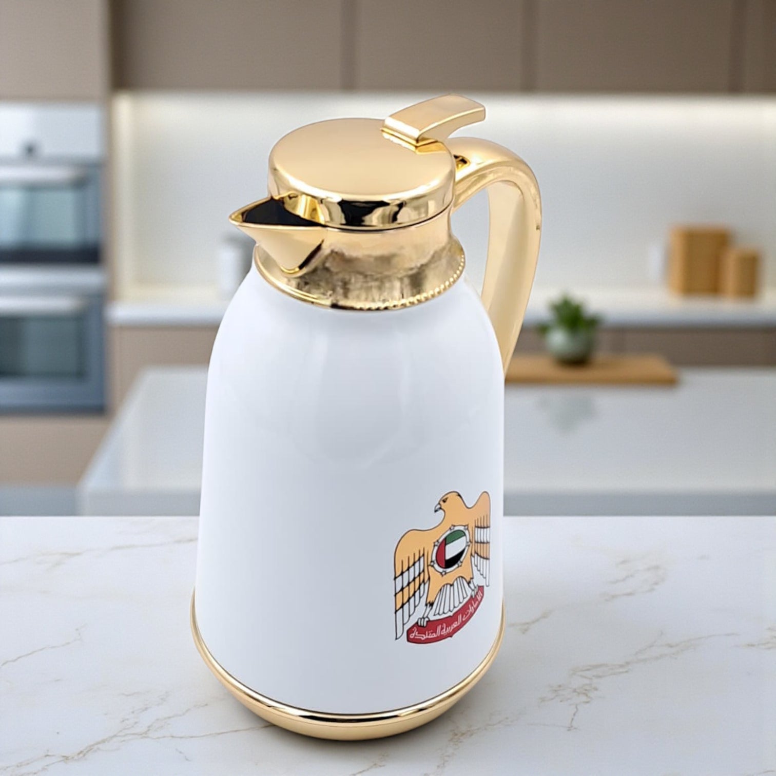 NGT 1.0L UAE National Emblem Vacuum Flask – Premium Gold & White Thermos for Coffee & Tea – Elegant Arabic Dallah Design for Hot & Cold Drinks - Damoo