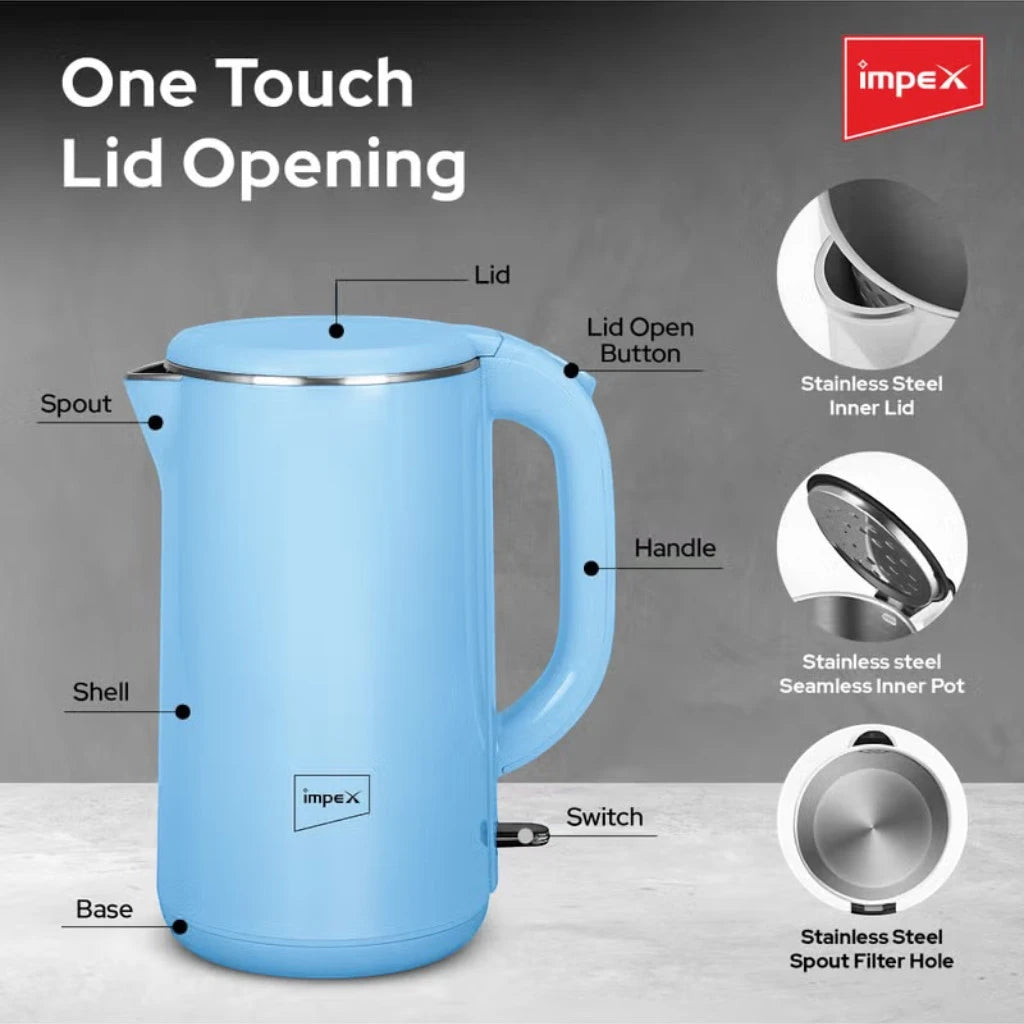 Impex 2.0L Double Layer Electric Kettle (Steamer 2002) – 1500W 304 Stainless Steel Kettle with Seamless Inner Body, FADA Double Controller, 360° Cordless Base, Auto Shut-Off & Indicator Light – Blue - Damoo