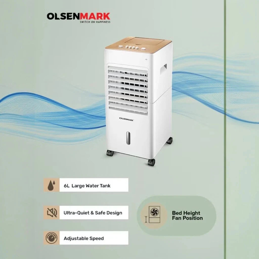 Olsenmark 3-in-1 Portable Air Cooler – Air Purifier, Humidifier & Cooling Fan | 6L Water Tank, Ice Packs, Adjustable Speed, Quiet Operation, Heater Function, 65W - OMAC1783 – White - Damoo