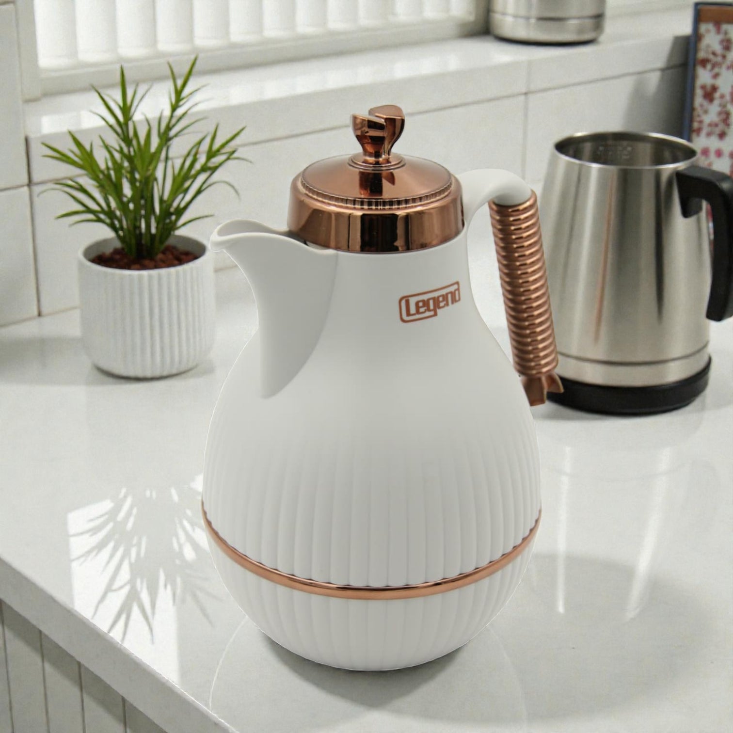 LEGAND Premium Thermos Flask with Gold Handle – Elegant Insulated Vacuum Jug for Hot & Cold Drinks, Durable Plastic Body, Glass Liner, Push Button Pouring, Ideal for Tea, Coffee & Arabic Hospitality - Damoo