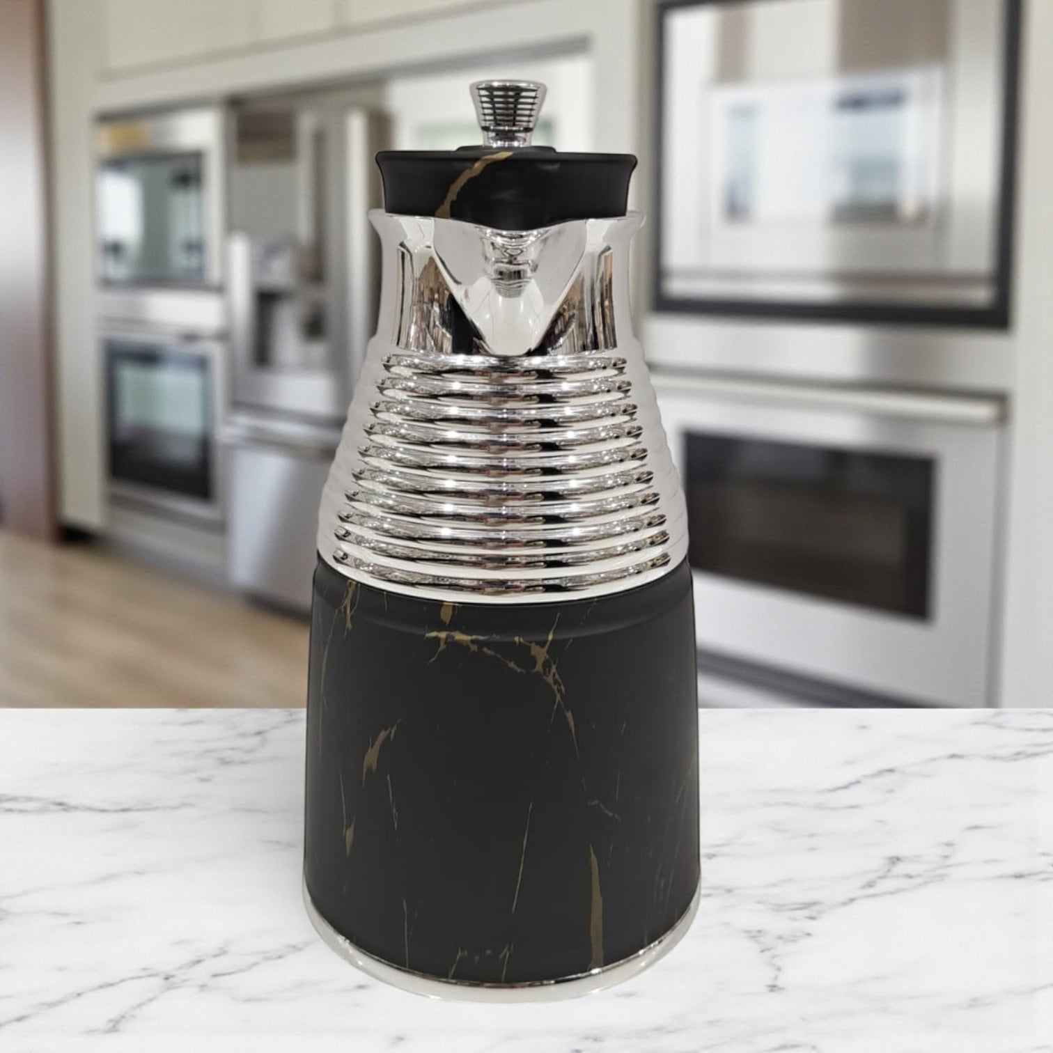 GERMAX Original Black Marble Vacuum Flask 1L – Luxury Gold & Silver Thermos | Premium Glass Liner | 12H Heat Retention | Arabic Coffee & Tea Pot | High-Gloss Metal Finish - Damoo