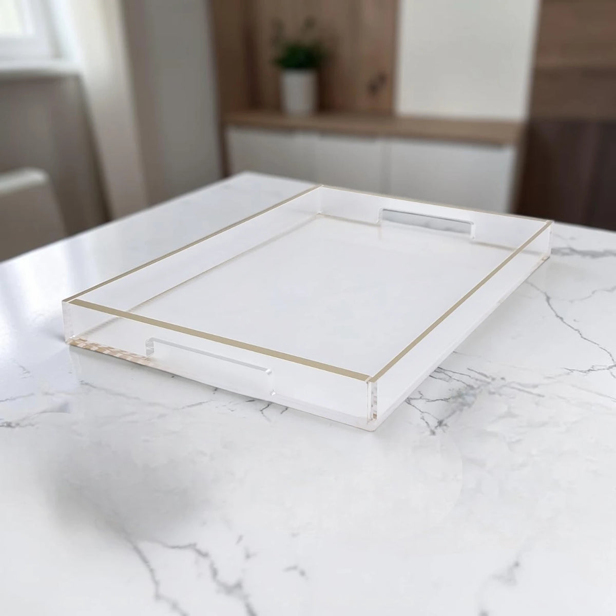 Clear Acrylic Serving Tray with Gold & Silver Edge Design – Modern Rectangular Organizer Tray (4H x 45L x 30W CM) - Damoo
