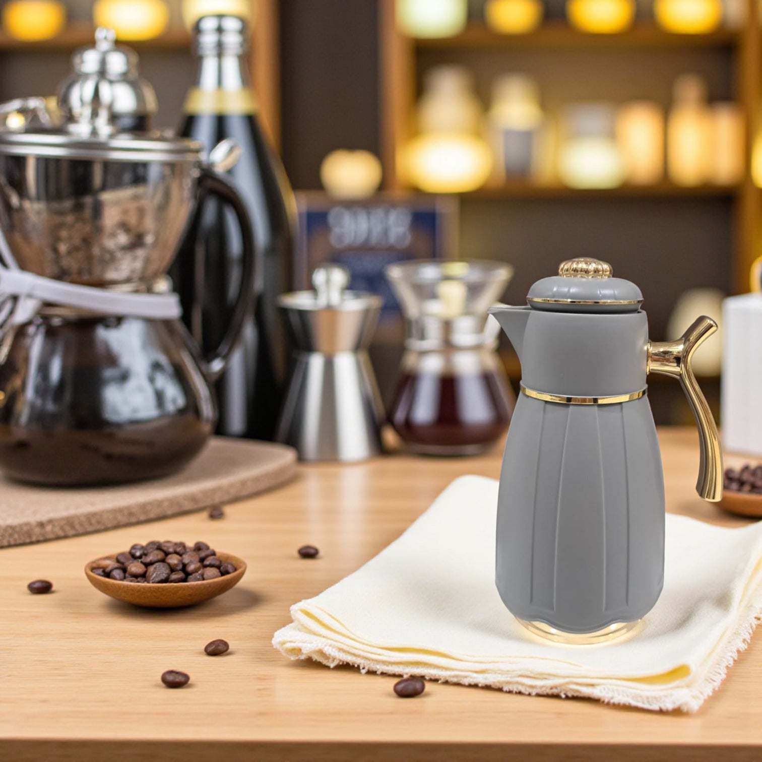GERMAX Arabic Vacuum Flask 1.0L – Grey flask Golden Lid | Premium PP Plastic Thermo Coffee & Tea Pot | Keeps Drinks Hot for 12 Hours & Cold for 24 Hours - Damoo