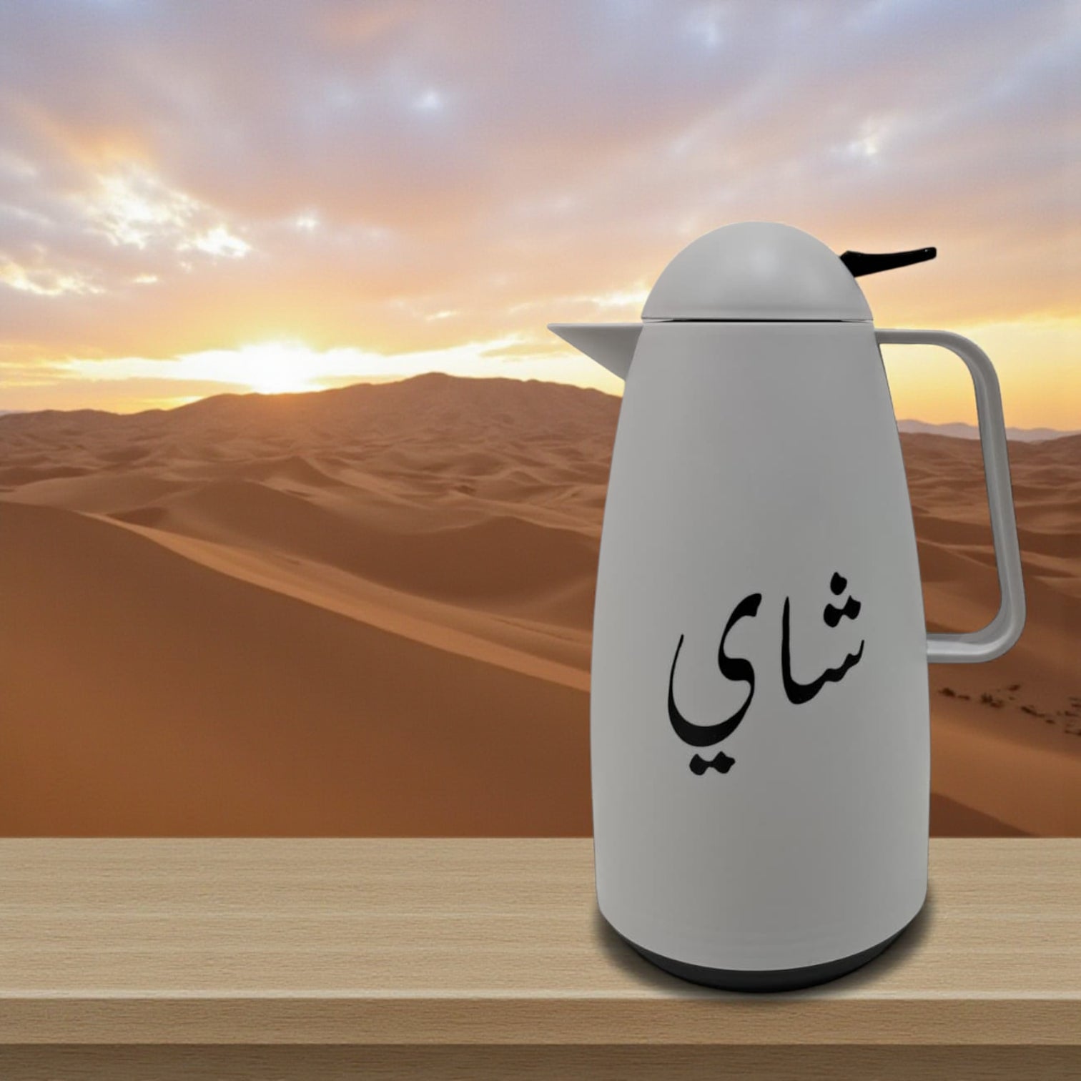 Light Grey Tea Thermos 1L – Elegant Arabic Calligraphy Design | Insulated Flask for Hot & Cold Beverages | Modern Minimalist Style - Damoo