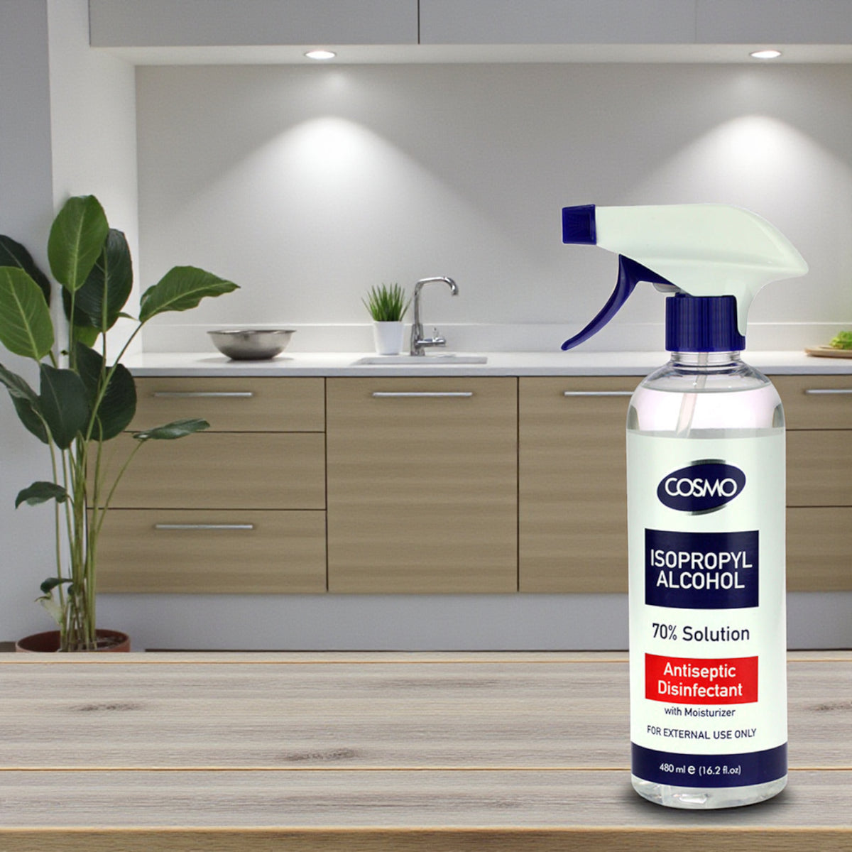 Cosmo Isopropyl Alcohol 70% Antiseptic Disinfectant Solution with Trigger Spray & Moisturizer – Multi-Purpose Germ Protection for Skin & Surfaces (480ML) - Damoo