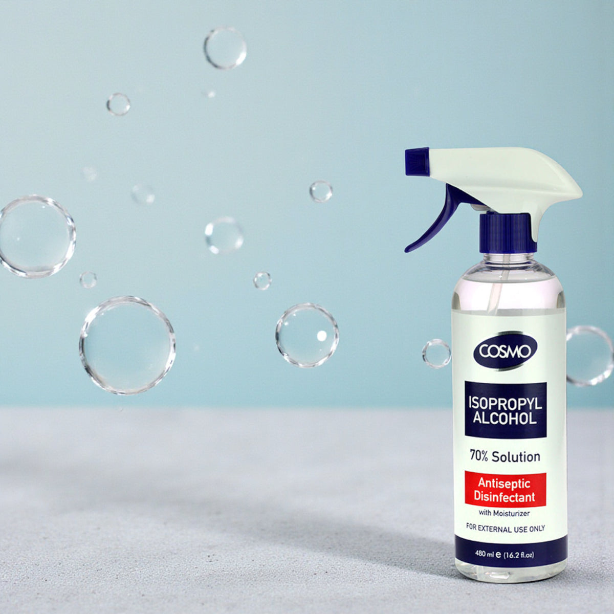 Cosmo Isopropyl Alcohol 70% Antiseptic Disinfectant Solution with Trigger Spray & Moisturizer – Multi-Purpose Germ Protection for Skin & Surfaces (480ML) - Damoo