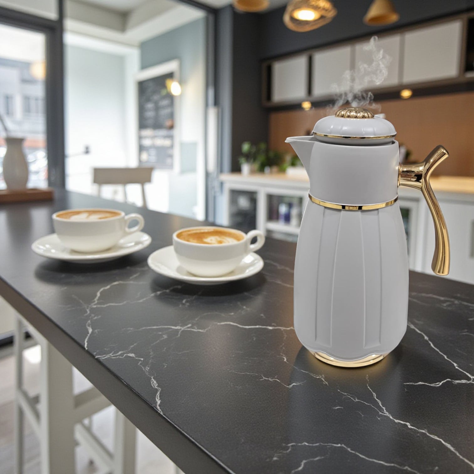 GERMAX Arabic Vacuum Flask 1.0L – light gray flask Golden Lid | Premium PP Plastic Thermo Coffee & Tea Pot | Keeps Drinks Hot for 12 Hours & Cold for 24 Hours - Damoo