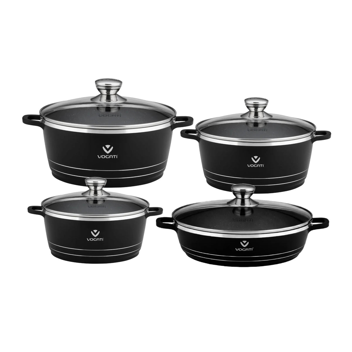 VOGATI 8Pcs Black Titanium Granite Cookware Set with Lids | Nesting Pots with Handles for Everyday Cooking