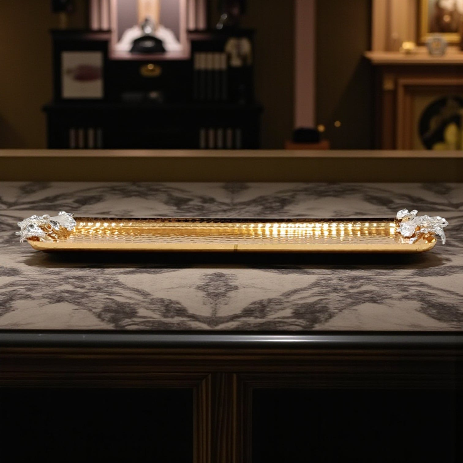 Luxury Hammered Gold Rectangular Serving Tray with Silver Floral Handles – Stainless Steel Decorative Tray for Elegant Dining and Home Décor - Damoo