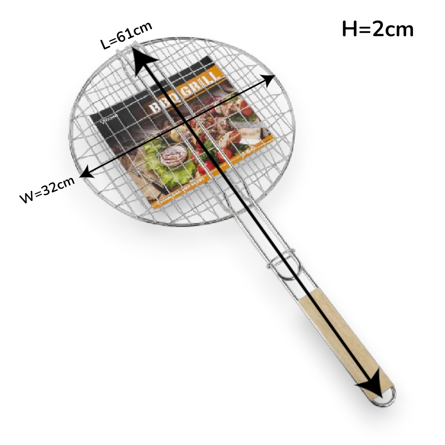 Qingin Round BBQ Grill Basket – 31cm Burger Barbecue Net with Wooden Handle, Portable Stainless Steel Barbecue Mesh for Outdoor Grilling