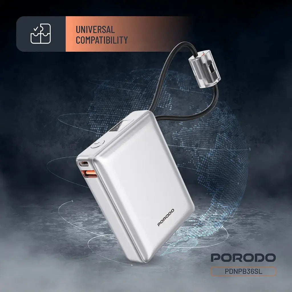 PORODO PETITE 10000mAh Power Bank – PD 20W Portable Charger with Integrated Type-C and Lightning Cables, Silver/Gray