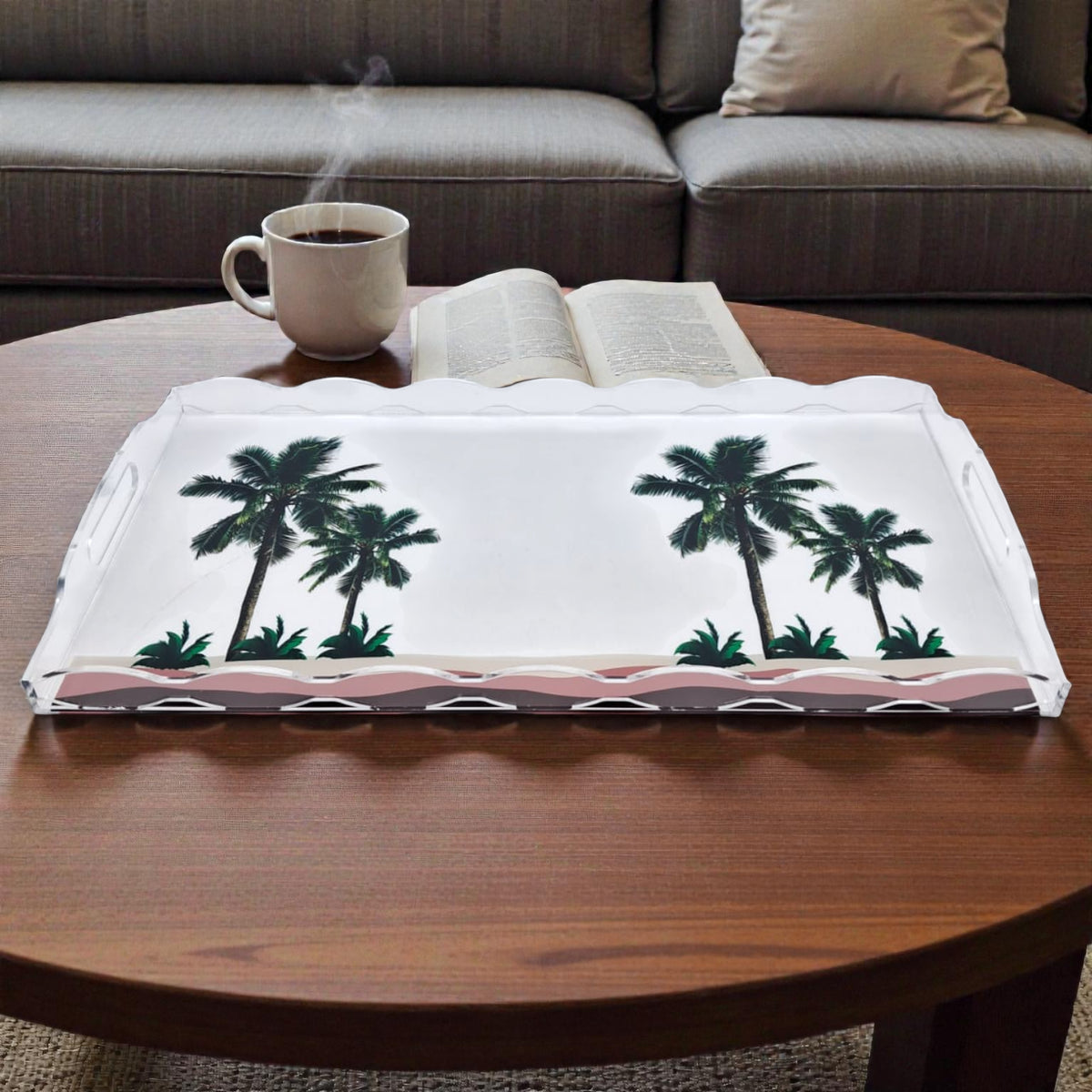 Damoo Palm Acrylic Serving Tray with Handles – Tropical Palm Design Decorative Multipurpose Tray for Serving, Dining & Home Décor (4H x 45.5L × 24W CM) - Damoo