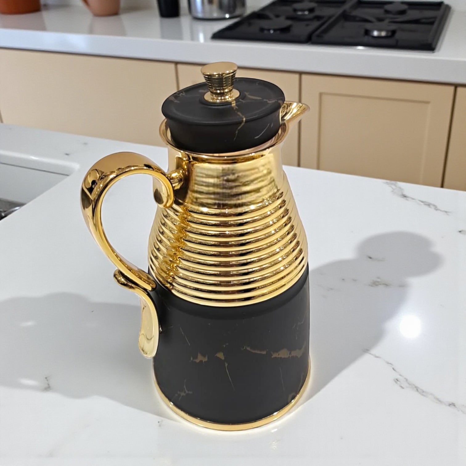 GERMAX Original Black Marble Vacuum Flask 1L – Luxury Gold & Silver Thermos | Premium Glass Liner | 12H Heat Retention | Arabic Coffee & Tea Pot | High-Gloss Metal Finish - Damoo